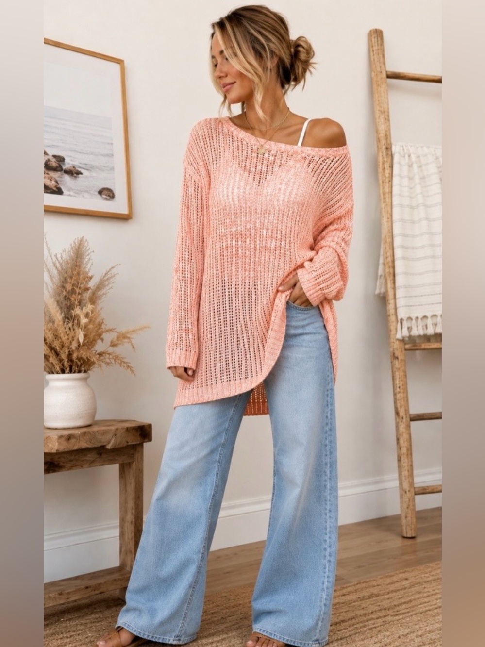 Talbots Orange and White Open Weave Crochet Sweater Size XL